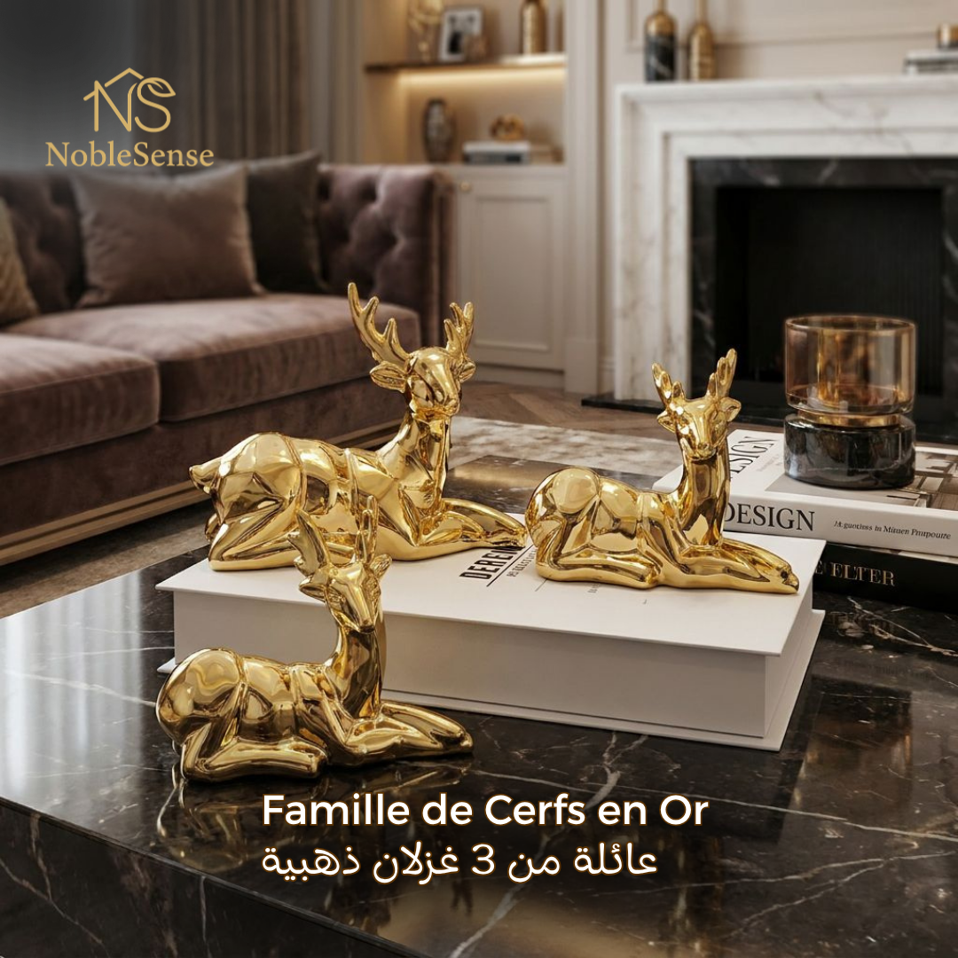 Famille de 3 Cerfs Dorés Couchés