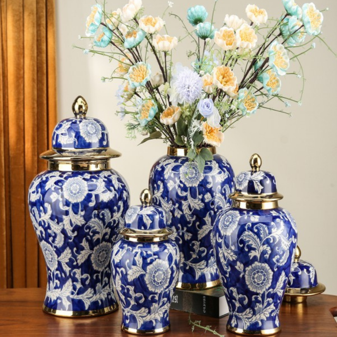 Potiche Temple Bleue Pivoines