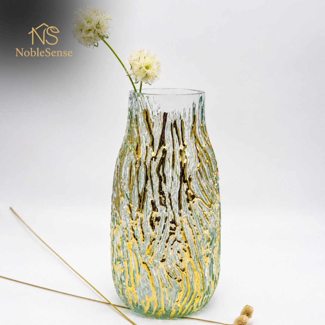 Vase en Verre Vert Olive & Or Filaments