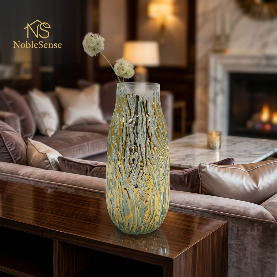 Vase en Verre Vert Olive & Or Filaments