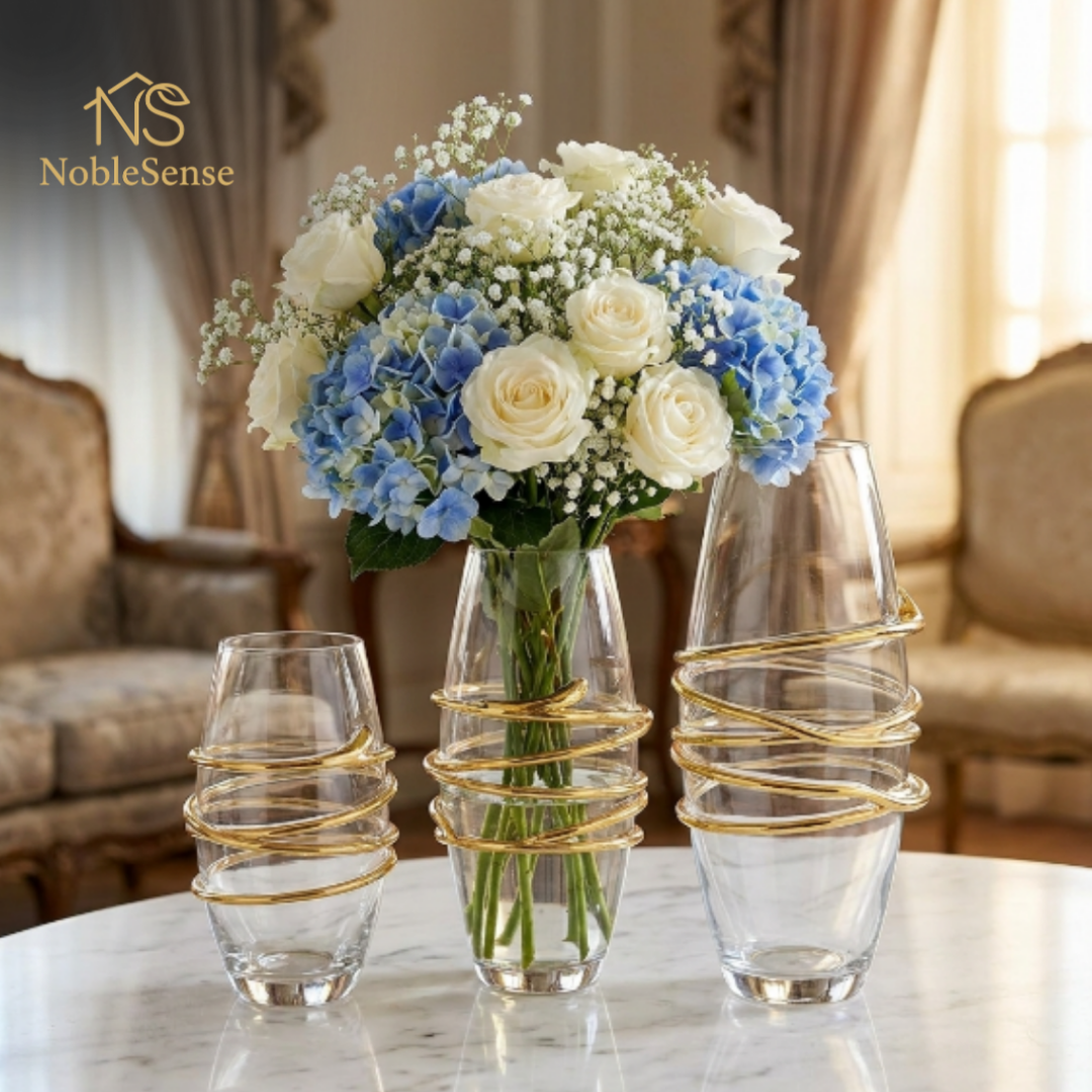 Trio Vases en Verre Anneaux Spiralés Dorés