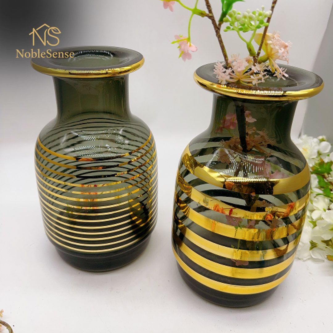 Vase en Verre Ambré Rayures Horizontales Dorées