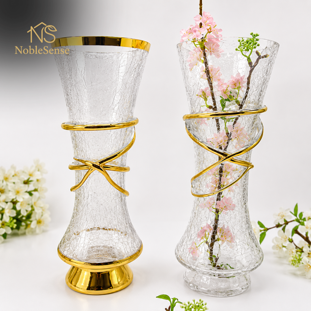Vase en Verre Craquelé Nœud Doré