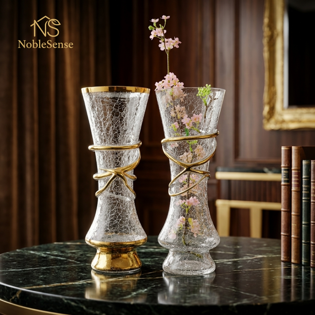 Vase en Verre Craquelé Nœud Doré