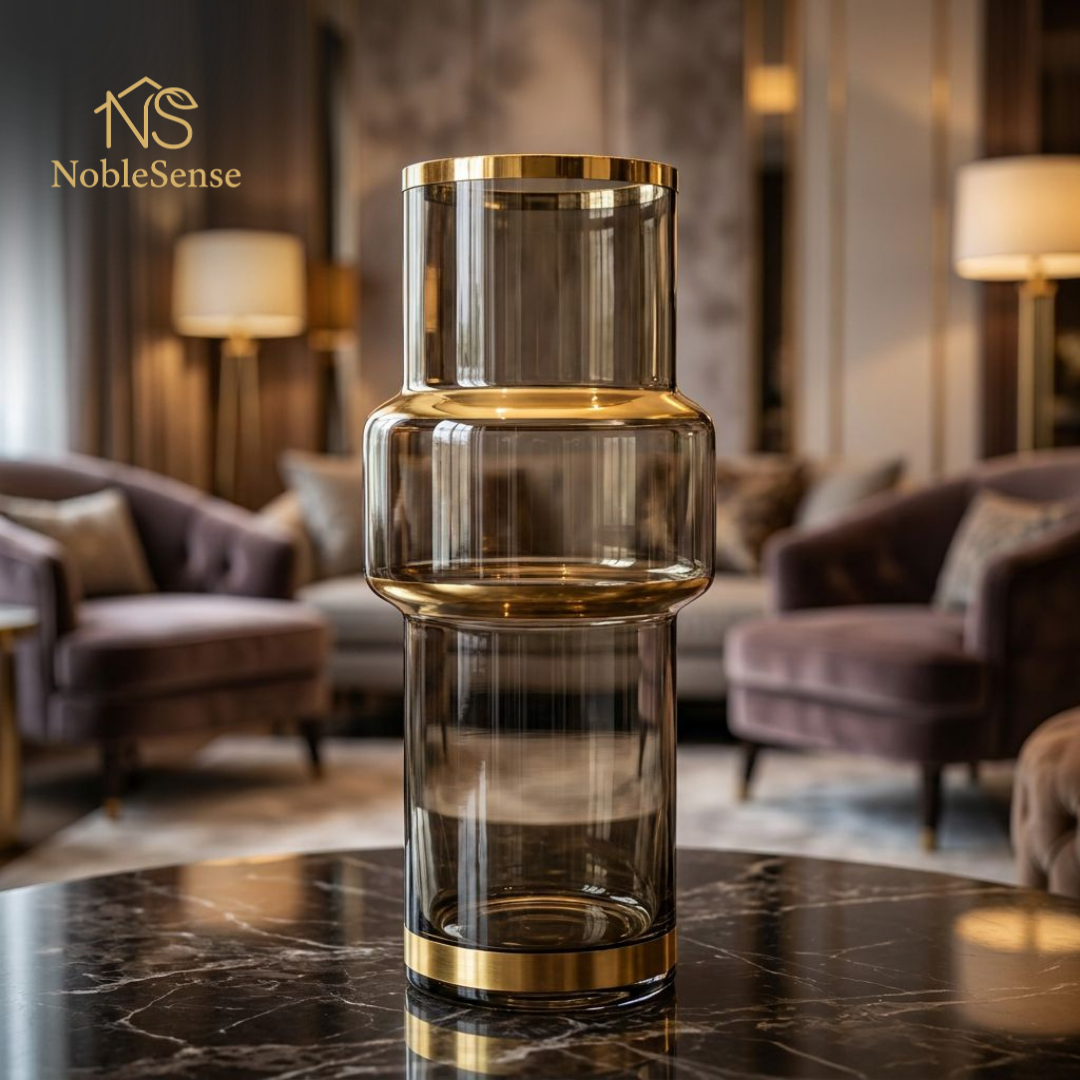 Vase Double Cylindre Fumée & Cerclage Doré