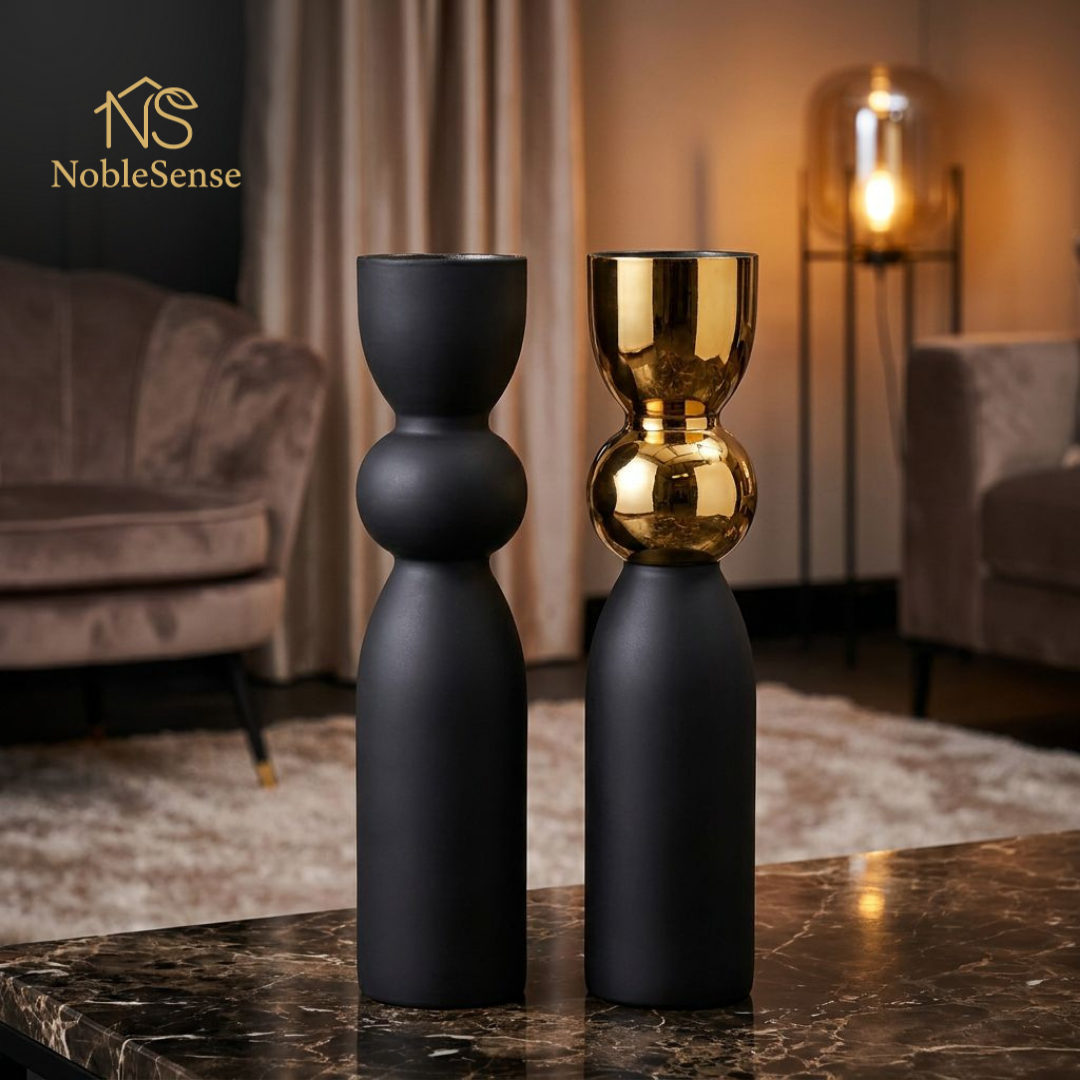 Paire de Bougeoirs Vases Noir & Or Géométrique