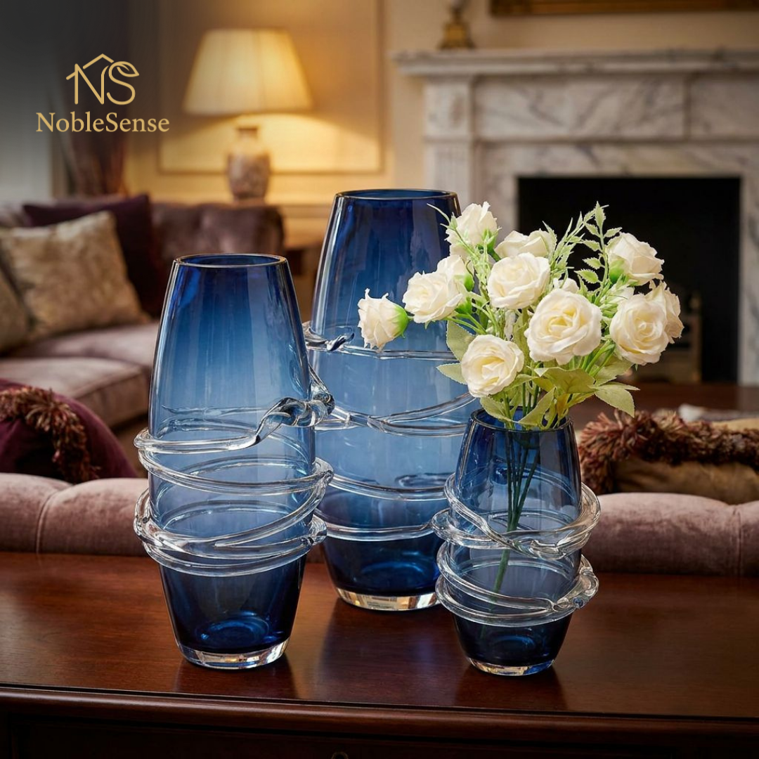 Set de Vases en Verre Bleu Spirales Argentées