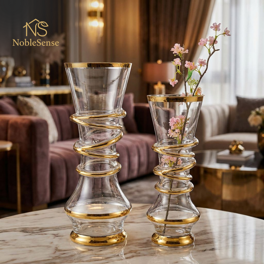 Paire de Vases en Verre Transparent Spirale Dorée