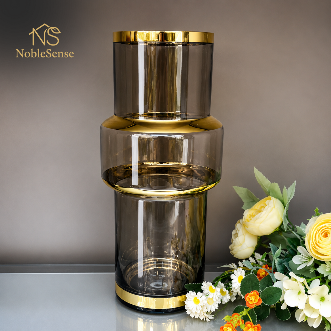 Vase Double Cylindre Ambré Anneaux Dorés