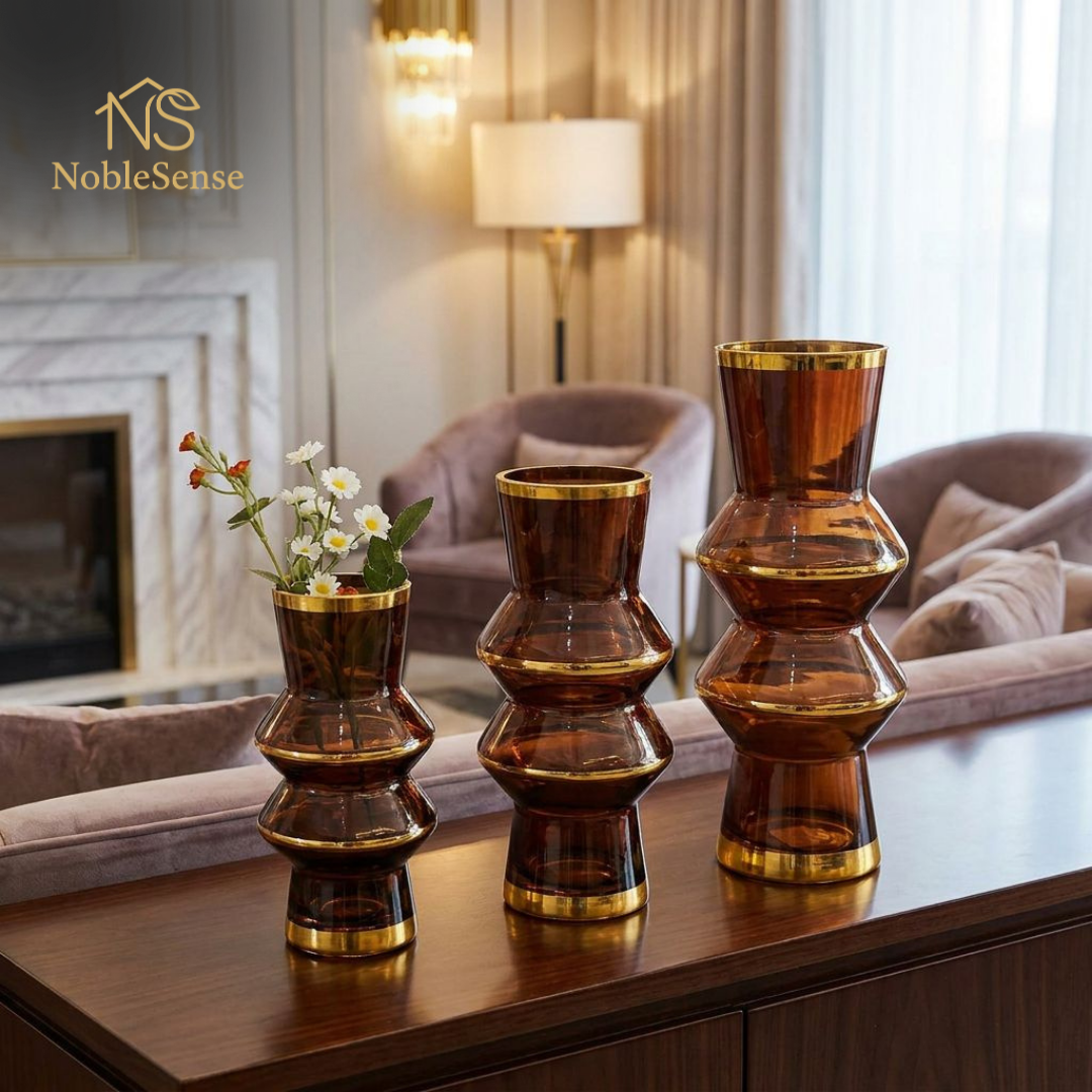 Set de 3 Vases Empilés Brun & Ambré Bandes Dorées