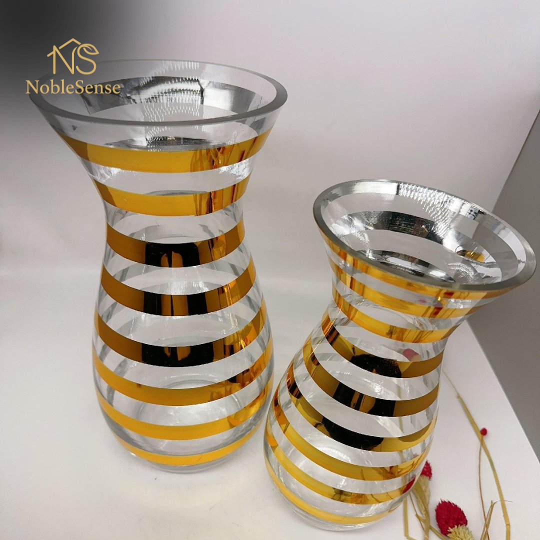 Paire de Vases en Verre Transparent Rayures Dorées
