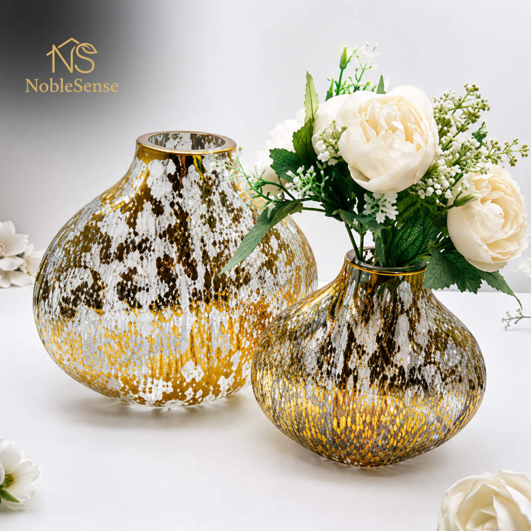 Paire de Vases Ronds en Verre Éclaboussures Dorées