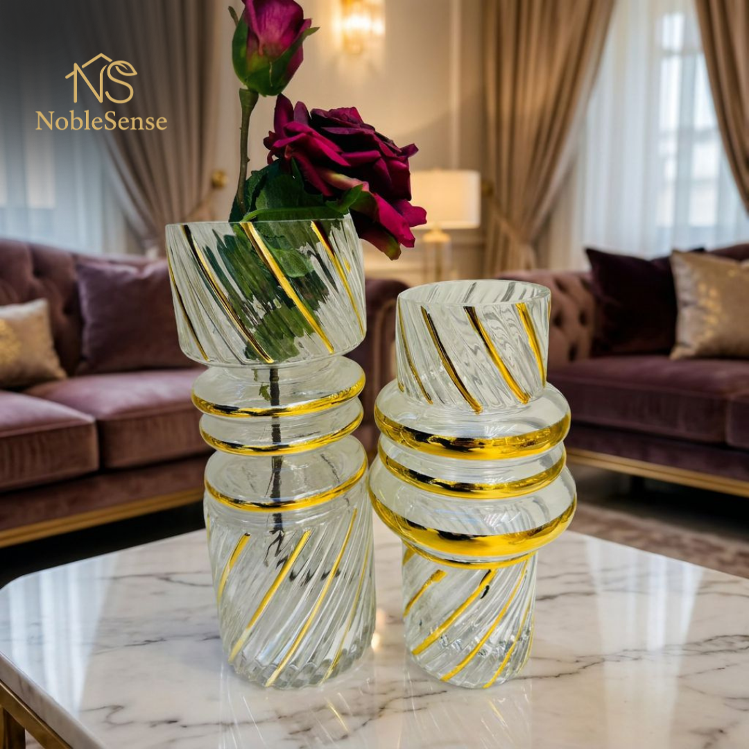 Paire de Vases en Verre Torsadé Bandes Dorées